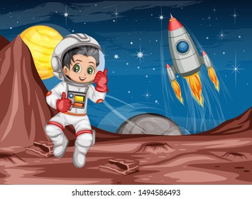 Astronaut Cartoon Character in Outer Space Suit on the Red Planet. Astronaut Girl Cheering and Wearing Astronaut Costume. Yellow Planet and Rocket ship in the Background. Cartoon  Vector Illustration