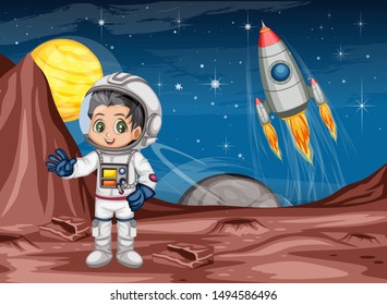 Astronaut Cartoon Character in Outer Space Suit on the Red Planet. Astronaut Girl Cheering and Wearing Astronaut Costume. Yellow Planet and Rocket ship in the Background. Cartoon  Vector Illustration