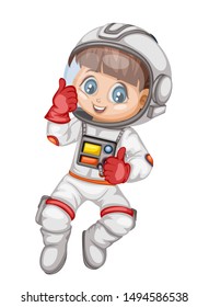 Astronaut Cartoon Character in Outer Space Suit. Astronaut Girl isolated on White Background. Cartoon Kid Wearing Astronaut Costume. Vector Illustration for Children Books and Games