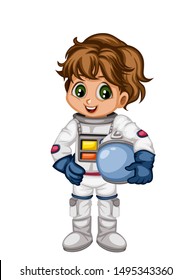 Astronaut Cartoon Character In Outer Space Suit. Astronaut Boy Isolated On White Background. Cartoon Kid Wearing Astronaut Costume. Vector Illustration For Children Books And Games