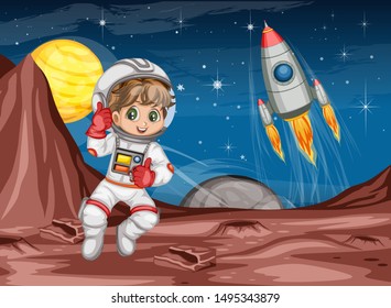 Astronaut Cartoon Character in Outer Space Suit on the Red Planet. Astronaut Girl Cheering and Wearing Astronaut Costume. Yellow Planet and Rocket ship in the Background. Cartoon  Vector Illustration