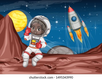 Astronaut Cartoon Character in Outer Space Suit on the Red Planet. Astronaut Girl Cheering and Wearing Astronaut Costume. Yellow Planet and Rocket ship in the Background. Cartoon  Vector Illustration