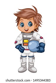 Astronaut Cartoon Character in Outer Space Suit. Astronaut Boy isolated on White Background. Cartoon Kid Wearing Astronaut Costume. Vector Illustration for Children Books and Games