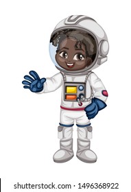 Astronaut Cartoon Character in Outer Space Suit. Astronaut Girl isolated on White Background. Cartoon Kid Wearing Astronaut Costume. Vector Illustration for Children Books and Games