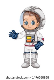 Astronaut Cartoon Character in Outer Space Suit. Astronaut Boy isolated on White Background. Cartoon Kid Wearing Astronaut Costume. Vector Illustration for Children Books and Games