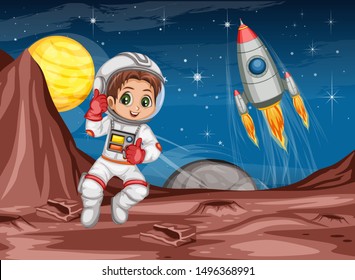 Astronaut Cartoon Character in Outer Space Suit on the Red Planet. Astronaut Girl Cheering and Wearing Astronaut Costume. Yellow Planet and Rocket ship in the Background. Cartoon  Vector Illustration