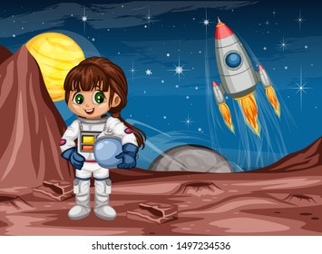 Astronaut Cartoon Character in Outer Space Suit on the Red Planet. Astronaut Girl Cheering and Wearing Astronaut Costume. Yellow Planet and Rocket ship in the Background. Cartoon  Vector Illustration