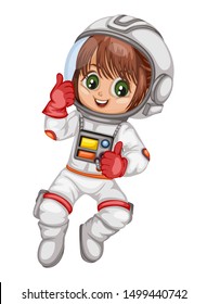 Astronaut Cartoon Character In Outer Space Suit. Astronaut Girl Isolated On White Background. Vector Illustration For Children Books And Games