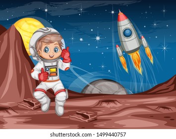 Astronaut Cartoon Character in Outer Space Suit on the Red Planet. Astronaut Girl Cheering  Yellow Planet and Rocket ship in the Background. Cartoon  Vector Illustration