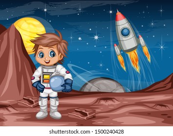 Astronaut Cartoon Character in Outer Space Suit on the Red Planet. Astronaut Girl Cheering and Wearing Astronaut Costume. Yellow Planet and Rocket ship in the Background. Cartoon  Vector Illustration