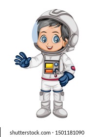 Astronaut Cartoon Character in Outer Space Suit. Astronaut Boy isolated on White Background. Cartoon Kid Wearing Astronaut Costume. Vector Illustration for Children Books and Games