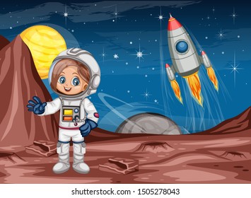 Astronaut Cartoon Character in Outer Space Suit on the Red Planet. Astronaut Girl Cheering and Wearing Astronaut Costume. Yellow Planet and Rocket ship in the Background. Cartoon  Vector Illustration
