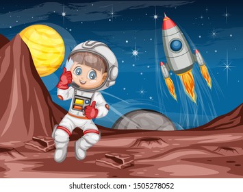 Astronaut Cartoon Character in Outer Space Suit on the Red Planet. Astronaut Girl Cheering and Wearing Astronaut Costume. Yellow Planet and Rocket ship in the Background. Cartoon  Vector Illustration