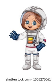 Astronaut Cartoon Character in Outer Space Suit. Astronaut Girl isolated on White Background. Cartoon Kid Wearing Astronaut Costume. Vector Illustration for Children Books and Games