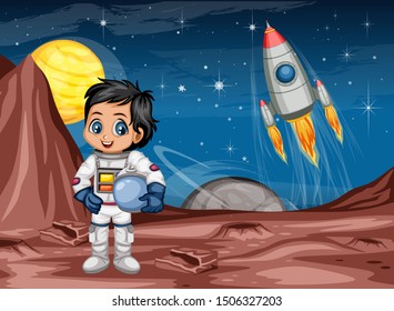 Astronaut Cartoon Character in Outer Space Suit on the Red Planet. Astronaut Boy Cheering and Wearing Astronaut Costume. Yellow Planet and Rocket ship in the Background. Cartoon  Vector Illustration