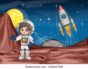 Astronaut Cartoon Character in Outer Space Suit on the Red Planet. Astronaut Girl Cheering and Wearing Astronaut Costume. Yellow Planet and Rocket ship in the Background. Cartoon  Vector Illustration