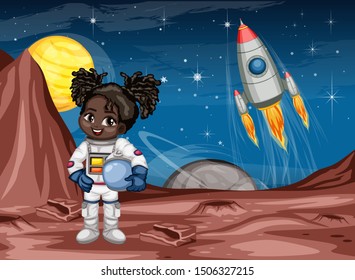 Astronaut Cartoon Character in Outer Space Suit on the Red Planet. Astronaut Girl Cheering and Wearing Astronaut Costume. Yellow Planet and Rocket ship in the Background. Cartoon  Vector Illustration