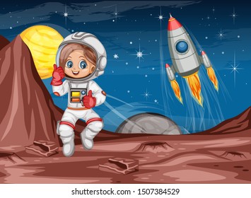 Astronaut Cartoon Character in Outer Space Suit on the Red Planet. Astronaut Girl Cheering and Wearing Astronaut Costume. Yellow Planet and Rocket ship in the Background. Cartoon  Vector Illustration