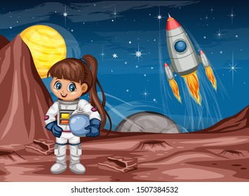 Astronaut Cartoon Character in Outer Space Suit on the Red Planet. Astronaut Girl Cheering and Wearing Astronaut Costume. Yellow Planet and Rocket ship in the Background. Cartoon  Vector Illustration