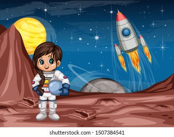 Astronaut Cartoon Character in Outer Space Suit on the Red Planet. Astronaut Girl Cheering and Wearing Astronaut Costume. Yellow Planet and Rocket ship in the Background. Cartoon  Vector Illustration