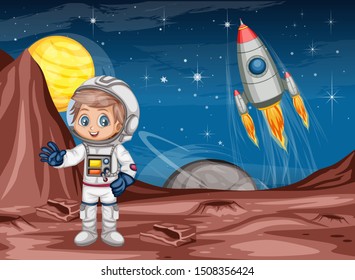 Astronaut Cartoon Character in Outer Space Suit on the Red Planet. Astronaut Girl Cheering and Wearing Astronaut Costume. Yellow Planet and Rocket ship in the Background. Cartoon  Vector Illustration