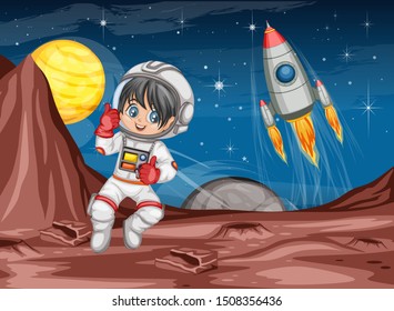 Astronaut Cartoon Character in Outer Space Suit on the Red Planet. Astronaut Girl Cheering and Wearing Astronaut Costume. Yellow Planet and Rocket ship in the Background. Cartoon  Vector Illustration