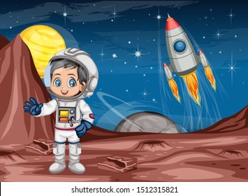 Astronaut Cartoon Character in Outer Space Suit on the Red Planet. Astronaut Boy Cheering and Wearing Astronaut Costume. Yellow Planet and Rocket ship in the Background. Cartoon  Vector Illustration