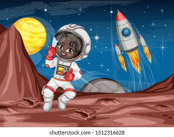 Astronaut Cartoon Character in Outer Space Suit on the Red Planet. Astronaut Girl Cheering and Wearing Astronaut Costume. Yellow Planet and Rocket ship in the Background. Cartoon  Vector Illustration