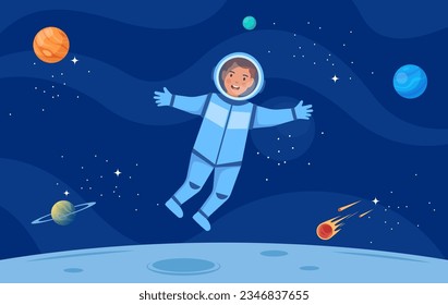 Astronaut Cartoon Character in Outer Space Suit. Astronaut kid. Cartoon Boy Wearing Astronaut Costume. Vector Illustration