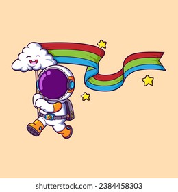 astronaut cartoon character playing cloud and rainbow of illustration