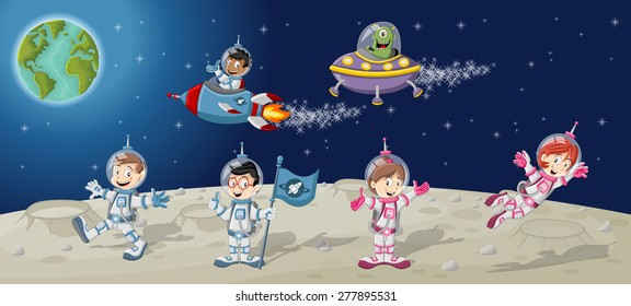 Astronaut cartoon characters on the moon with a alien spaceship
