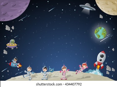 Astronaut cartoon characters on the moon with a alien spaceship. Solar System.
