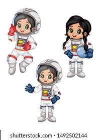 Astronaut Cartoon Characters in Outer Space Suit. Set with Astronaut kids isolated on White Background. Cartoon Pretty Girls and Boys Wearing Astronaut Costume. Vector Illustration for Children Books