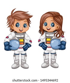 Astronaut Cartoon Characters in Outer Space Suit. Set with Astronaut kids isolated on White Background. Cartoon Pretty Girls and Boys Wearing Astronaut Costume. Vector Illustration for Children Books