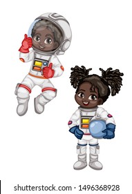 Astronaut Cartoon Characters in Outer Space Suit. Set with Astronaut kids isolated on White Background. Cartoon Pretty Girls and Boys Wearing Astronaut Costume. Vector Illustration for Books and Games