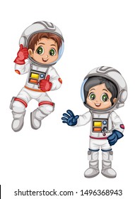 Astronaut Cartoon Characters in Outer Space Suit. Set with Astronaut kids isolated on White Background. Cartoon Pretty Girls and Boys Wearing Astronaut Costume. Vector Illustration for Books and Games