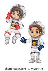 Astronaut Cartoon Characters in Outer Space Suit. Set with Astronaut kids isolated on White Background. Cartoon Pretty Girls and Boys Wearing Astronaut Costume. Vector Illustration for Children Books