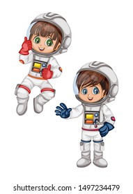 Astronaut Cartoon Characters in Outer Space Suit. Set with Astronaut kids isolated on White Background. Cartoon Pretty Girls and Boys Wearing Astronaut Costume. Vector Illustration for Children Books