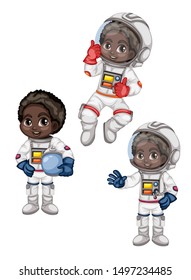 Astronaut Cartoon Characters in Outer Space Suit. Set with Standing and Flying Astronaut kids isolated on White Background. Cartoon Boys Wearing Astronaut Costume. Vector Illustration for Books and Ga