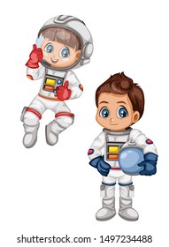 Astronaut Cartoon Characters in Outer Space Suit. Set with Astronaut kids isolated on White Background. Cartoon Pretty Girls and Boys Wearing Astronaut Costume. Vector Illustration for Books and Games