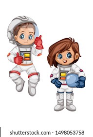 Astronaut Cartoon Characters in Outer Space Suit. Set with Astronaut kids isolated on White Background. Cartoon Pretty Girls and Boys Wearing Astronaut Costume. Vector Illustration for Books and Games