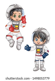 Astronaut Cartoon Characters in Outer Space Suit. Set with Astronaut kids isolated on White Background. Cartoon Pretty Girls and Boys Wearing Astronaut Costume. Vector Illustration for Books and Games