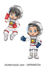 Astronaut Cartoon Characters in Outer Space Suit. Set with Astronaut kids isolated on White Background.  Vector Illustration for Books and Games