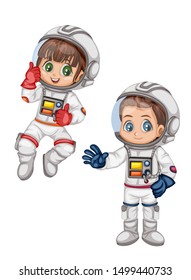 Astronaut Cartoon Characters in Outer Space Suit. Set with Astronaut kids isolated on White Background. Vector Illustration for Children Books