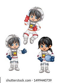 Astronaut Cartoon Characters in Outer Space Suit. Set with Astronaut kids isolated on White Background.  Vector Illustration for Children Books