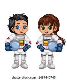 Astronaut Cartoon Characters in Outer Space Suit. Set with Astronaut kids isolated on White Background. Vector Illustration for Children Books