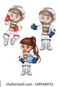 Astronaut Cartoon Characters in Outer Space Suit. Set with Astronaut kids isolated on White Background.  Vector Illustration for Children Books