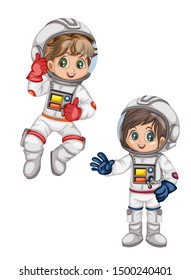 Astronaut Cartoon Characters in Outer Space Suit. Set with Astronaut kids isolated on White Background. Cartoon Pretty Girls and Boys Wearing Astronaut Costume. Vector Illustration for Books and Games
