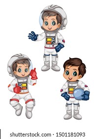 Astronaut Cartoon Characters in Outer Space Suit. Set with Standing and Flying Astronaut kids isolated on White Background. Cartoon Boys Wearing Astronaut Costume. Vector Illustration for Books and Ga