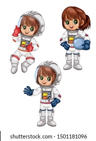 Astronaut Cartoon Characters in Outer Space Suit. Set with Astronaut kids isolated on White Background. Cartoon Pretty Girls and Boys Wearing Astronaut Costume. Vector Illustration for Children Books